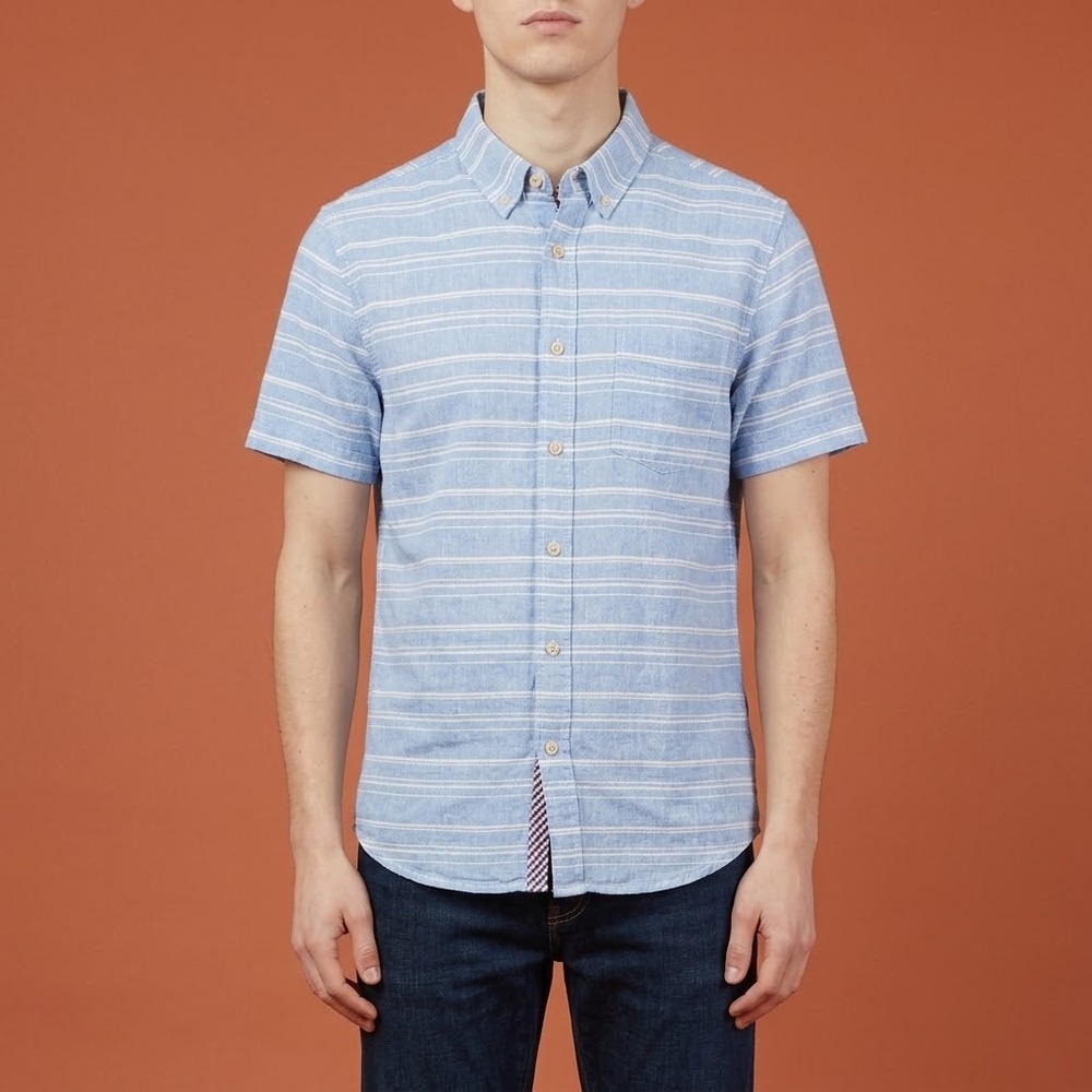 Ben Sherman Striped Short Sleeve Button Shirt Mens Small Blue White EUC